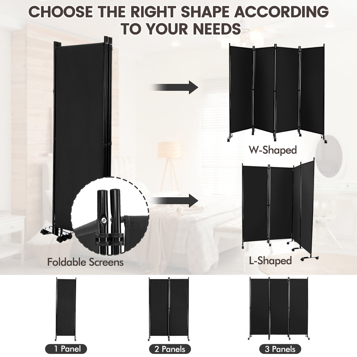 4-Panel Folding Room Divider with Wheels for Living Room Bedroom -Black