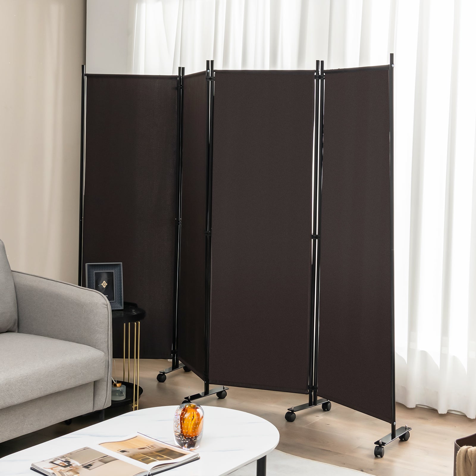 4-Panel Folding Room Divider with Wheels for Living Room Bedroom -Brown