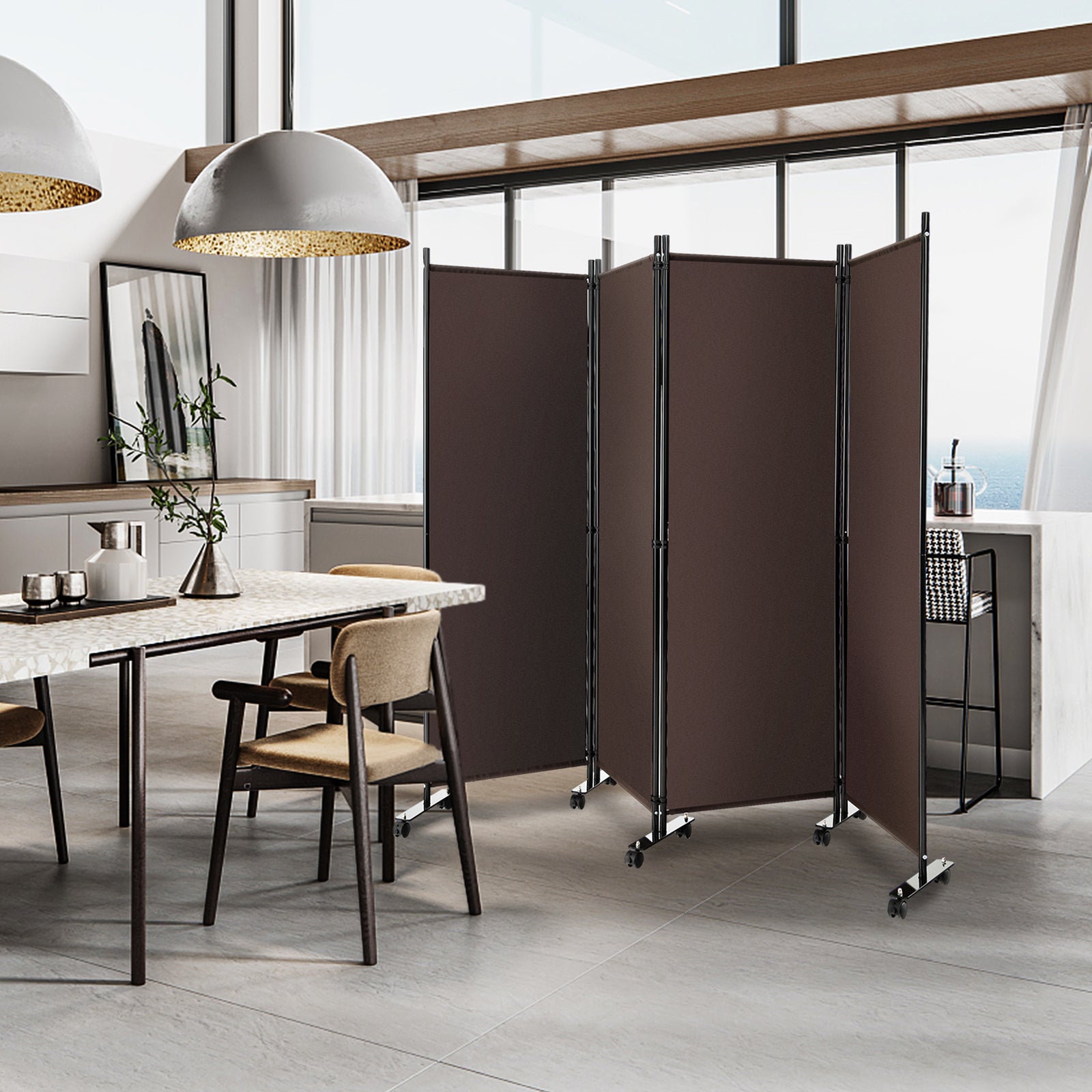 4-Panel Folding Room Divider with Wheels for Living Room Bedroom -Brown