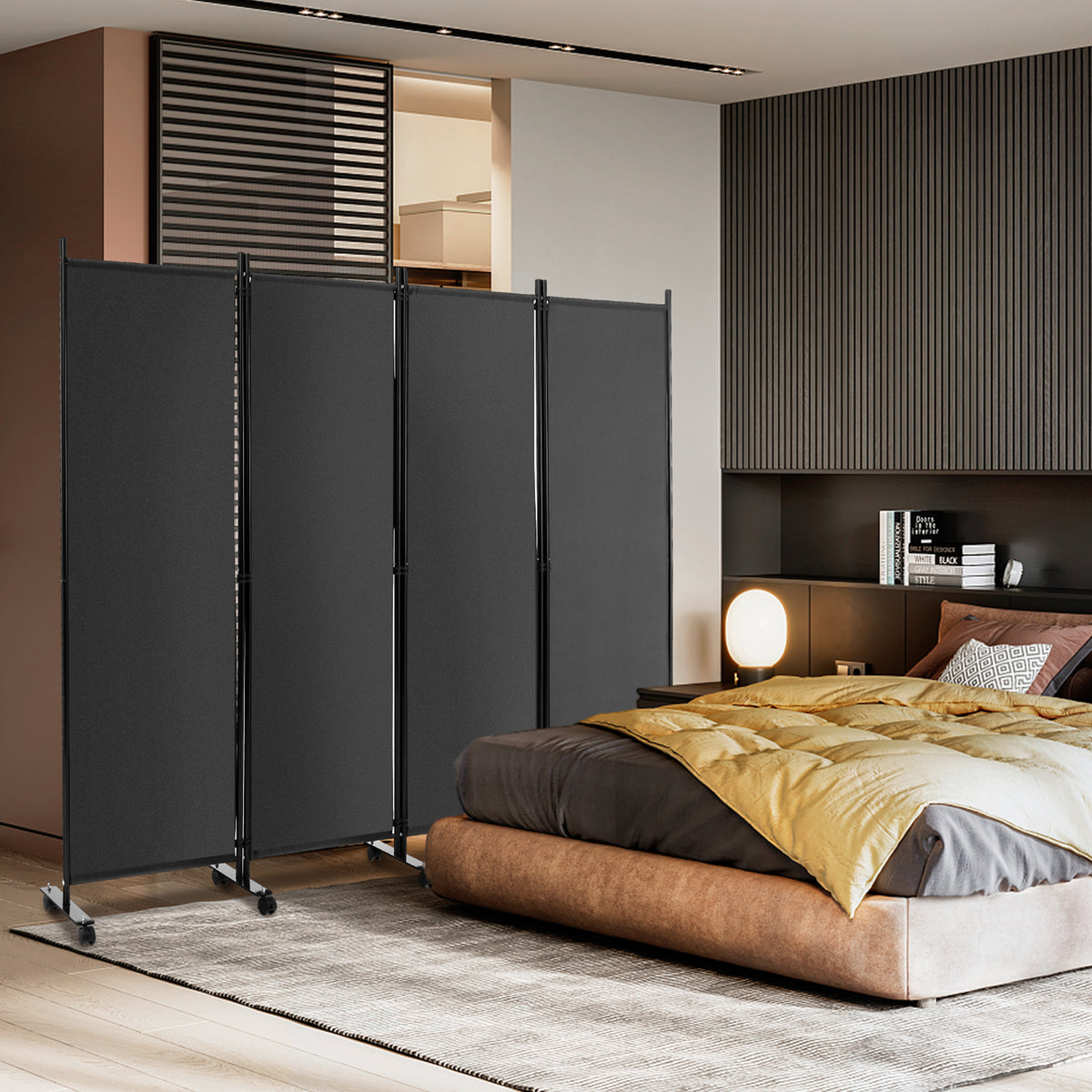4-Panel Folding Room Divider with Wheels for Living Room Bedroom-Grey