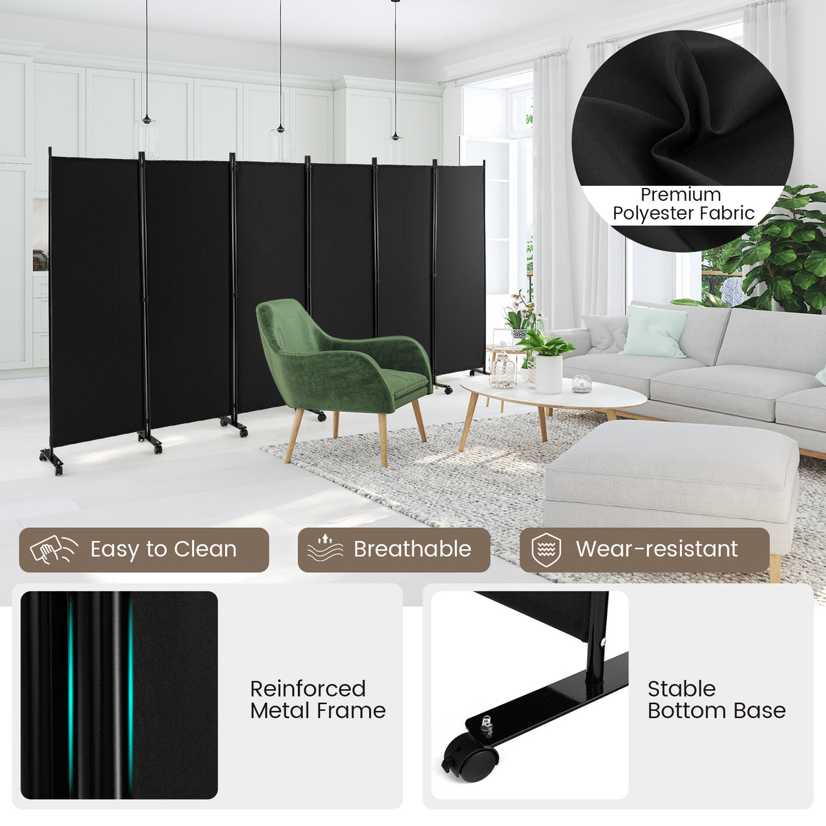 6 Panel Room Divider on Wheels-Black