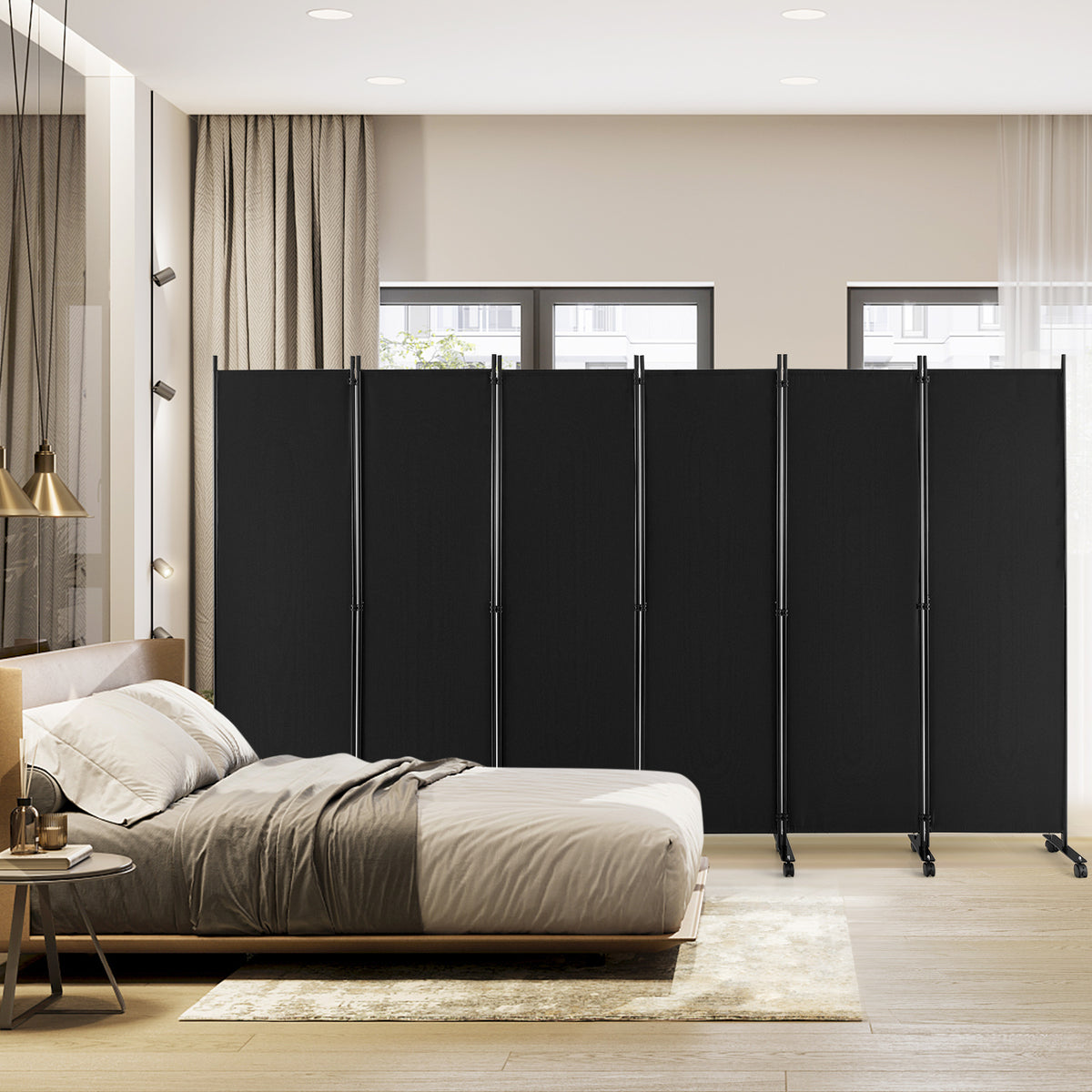 6 Panel Room Divider on Wheels-Black