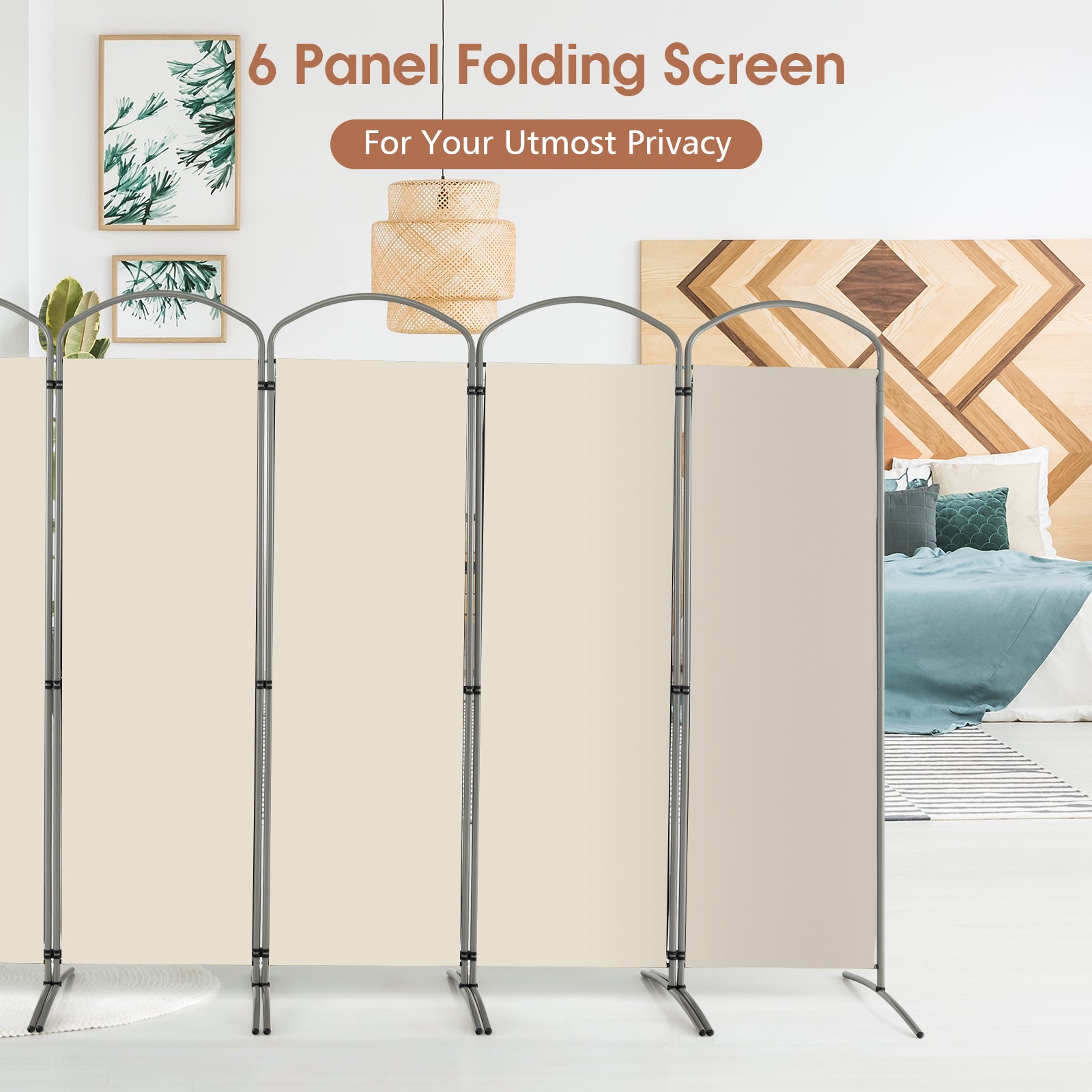 6 Panel Freestanding Folding Room Divider for Home Office-Cream