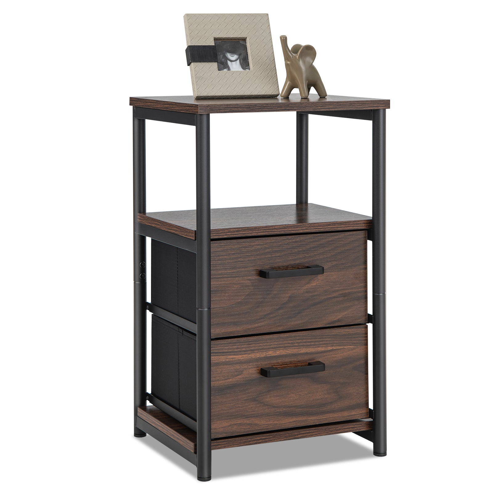 Metal Frame Bedside Table with Open Shelf and 2 Drawers-Rustic Brown