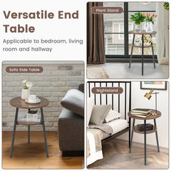 2-Tier Wooden Round Side Table with Storage Shelf-Brown
