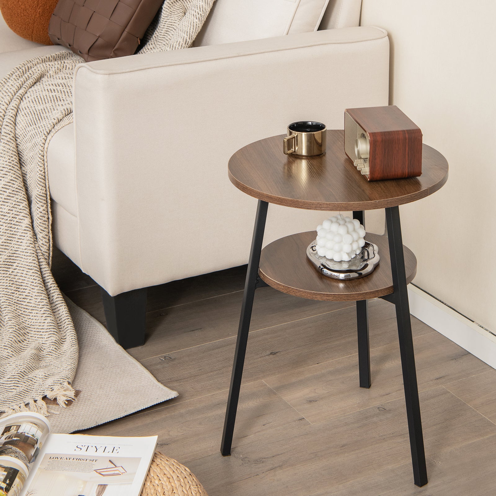 2-Tier Wooden Round Side Table with Storage Shelf-Walnut