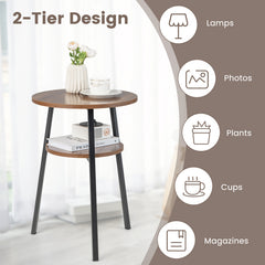 2-Tier Wooden Round Side Table with Storage Shelf-Walnut