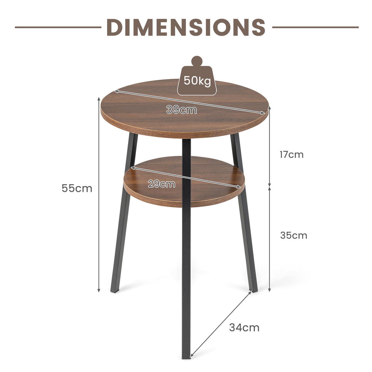 2-Tier Wooden Round Side Table with Storage Shelf-Walnut
