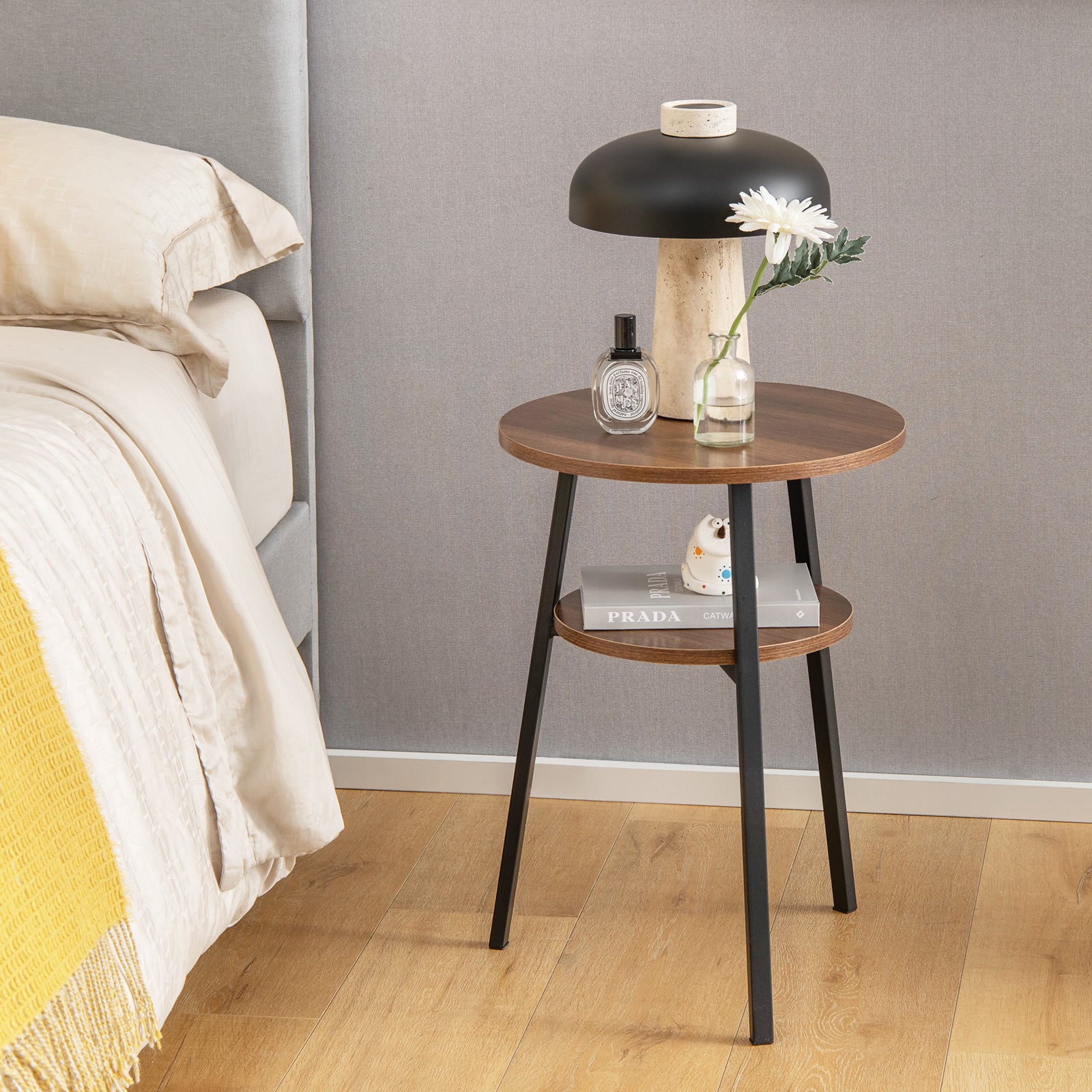 2-Tier Wooden Round Side Table with Storage Shelf-Walnut