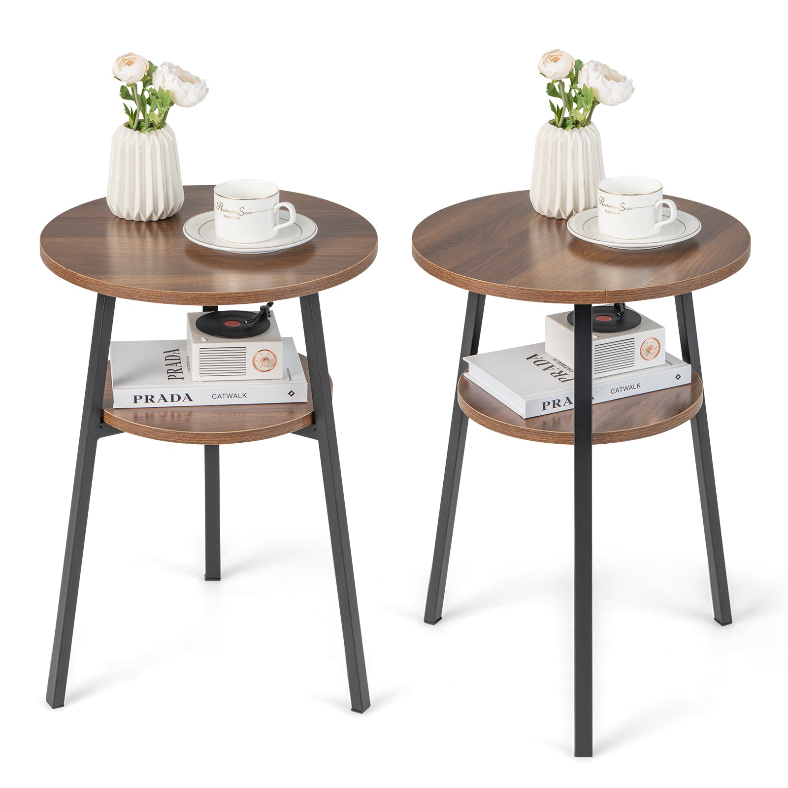 2-Tier Wooden Round Side Table with Storage Shelf-Walnut