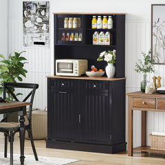 Double Tilt Out Trash Cabinet with Rubber Wood Countertop for Kitchen Dining Room-Black