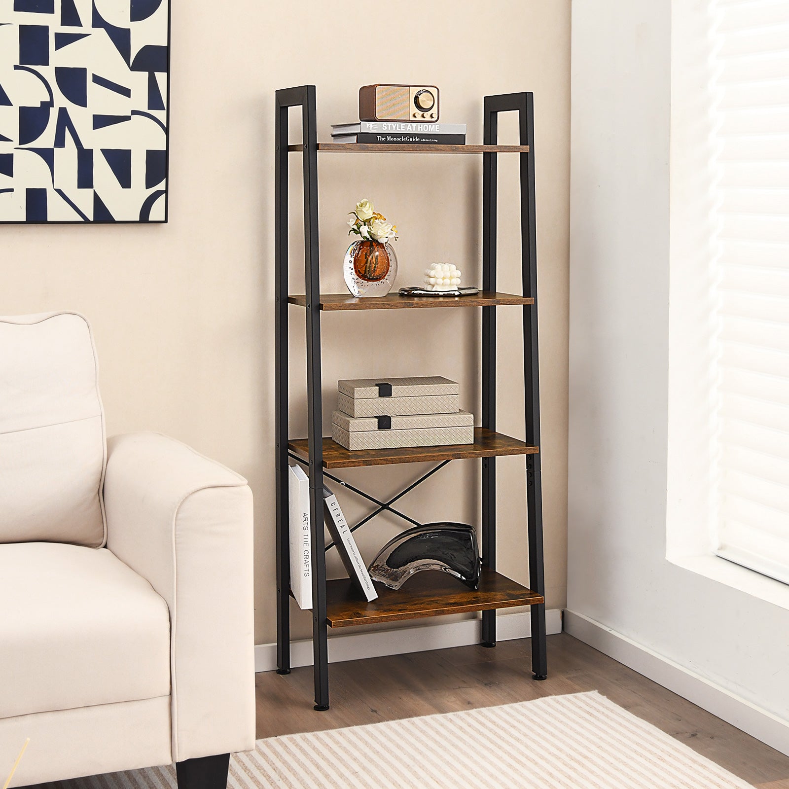4-Tier Bookshelf with Metal Frame-Rustic Brown