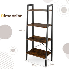4-Tier Bookshelf with Metal Frame-Rustic Brown