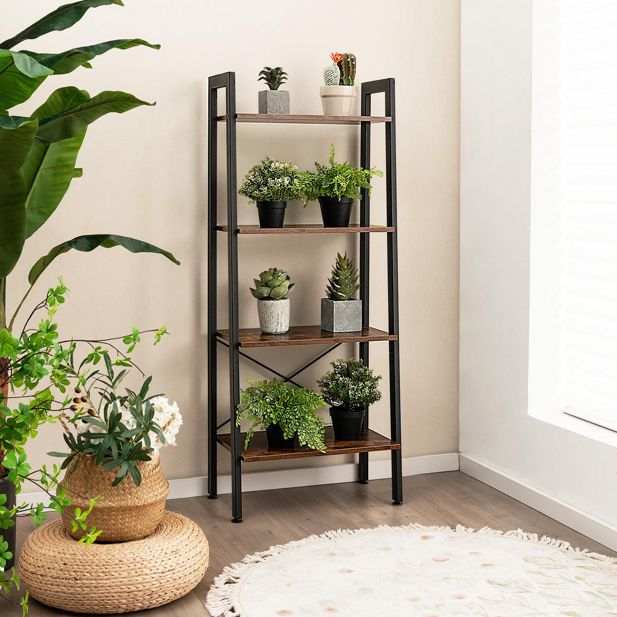 4-Tier Bookshelf with Metal Frame-Rustic Brown