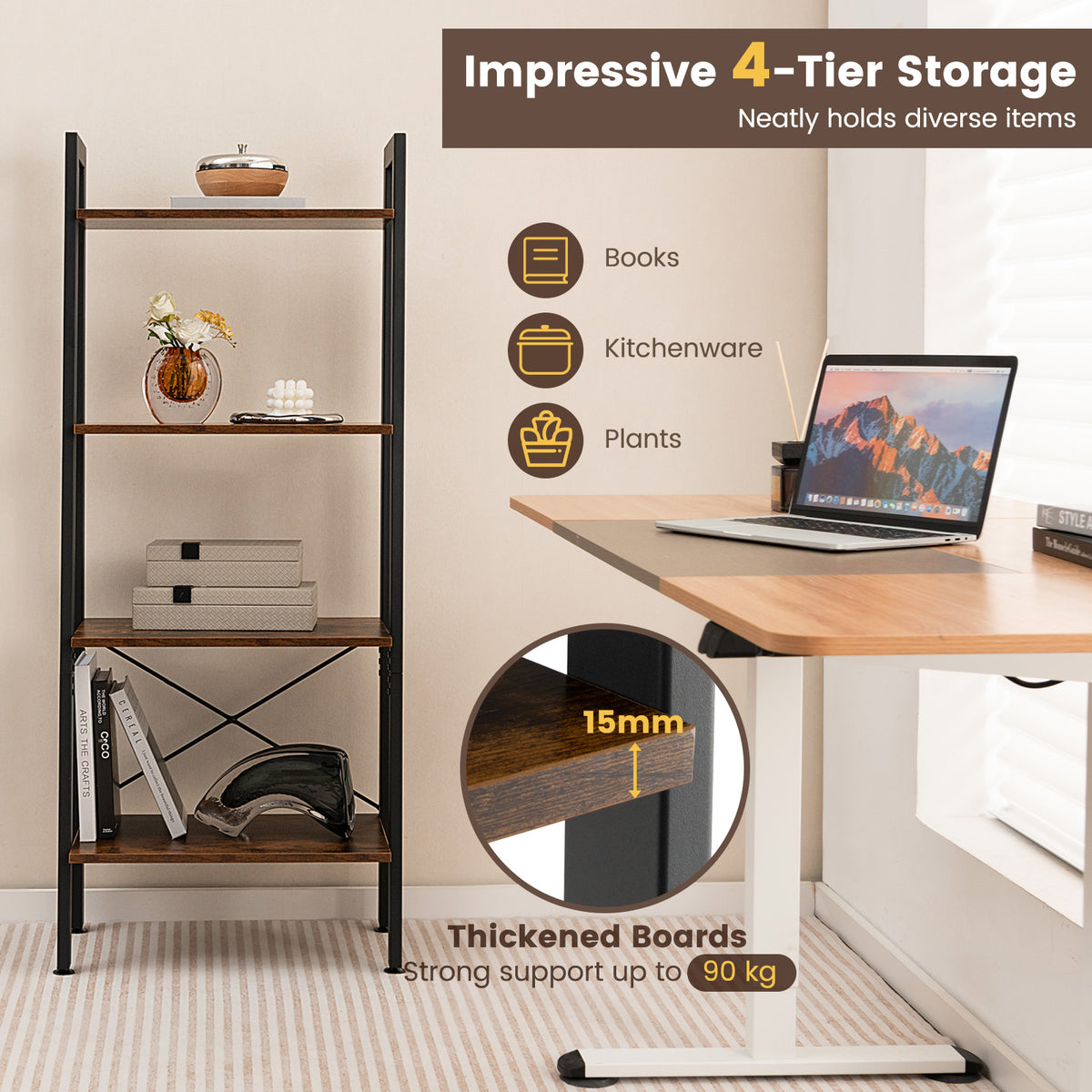 4-Tier Bookshelf with Metal Frame-Rustic Brown
