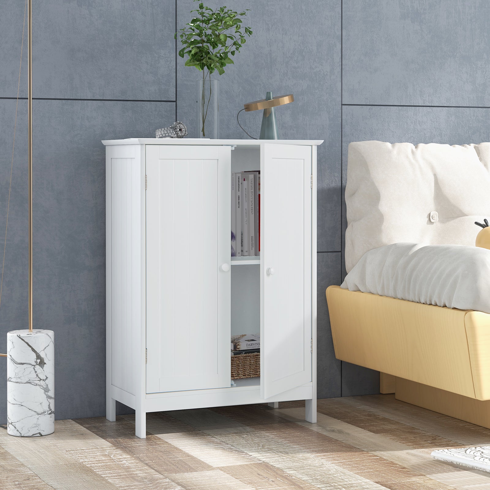 Double Door Bathroom Floor Cabinet with Shelf-White