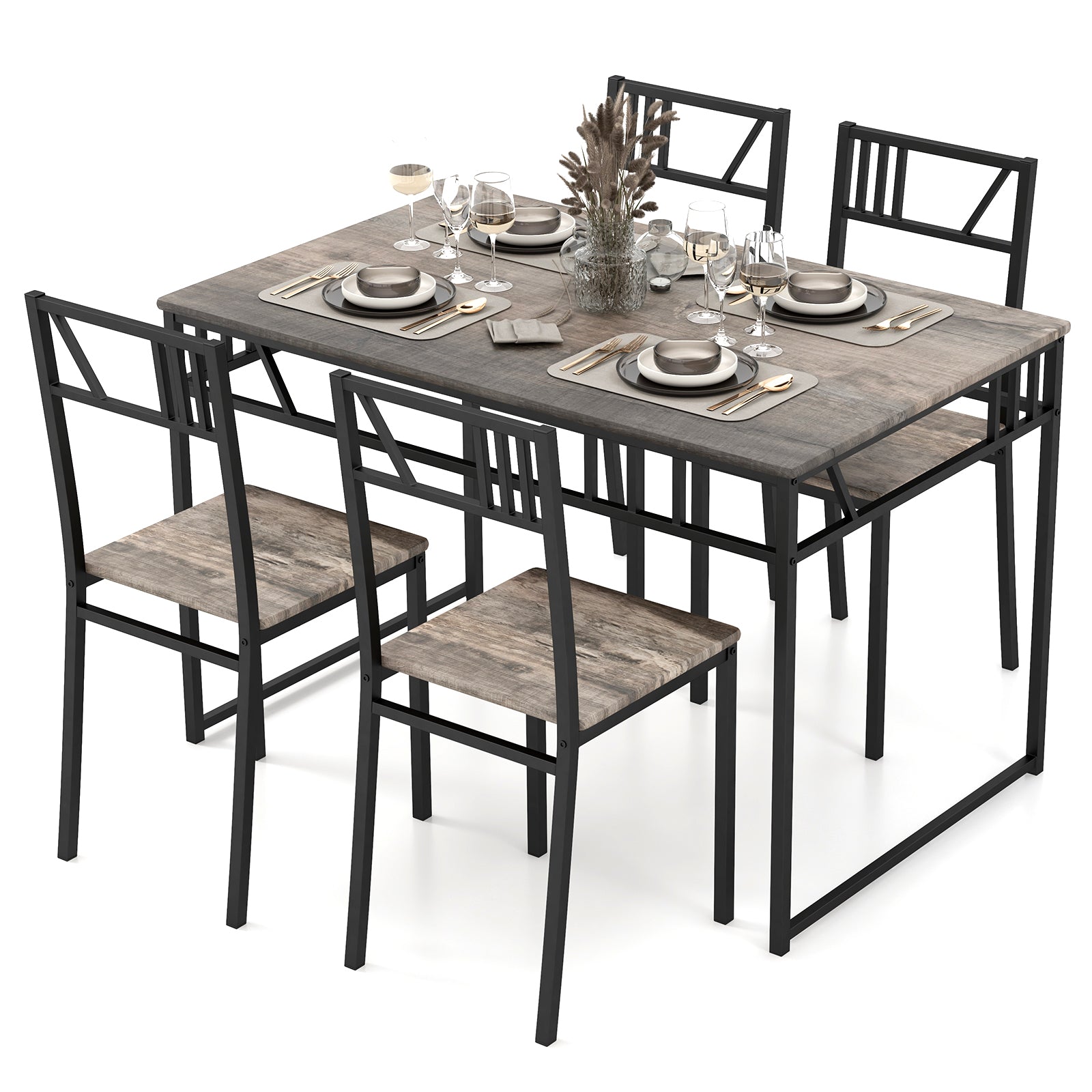 Industrial-Style Kitchen Table and 4 Chairs with Wood Like Tabletop and Metal Frame-Grey
