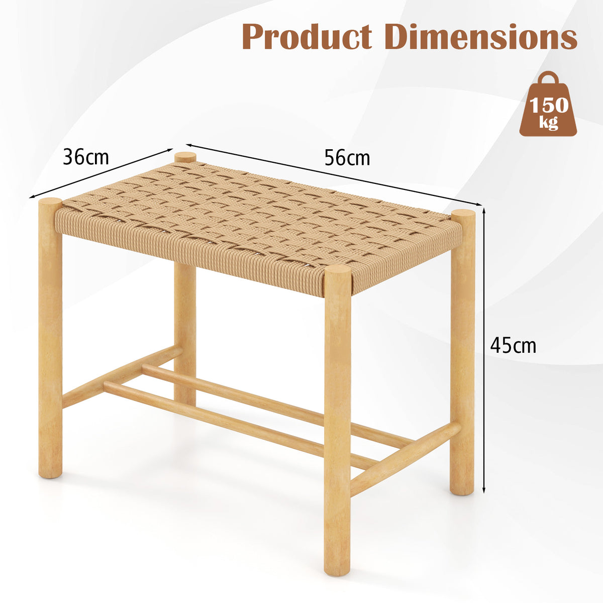 Dining Stool Set of 2 with Rubber Wood Frame and Woven Paper Seat-56 x 36 x 45cm