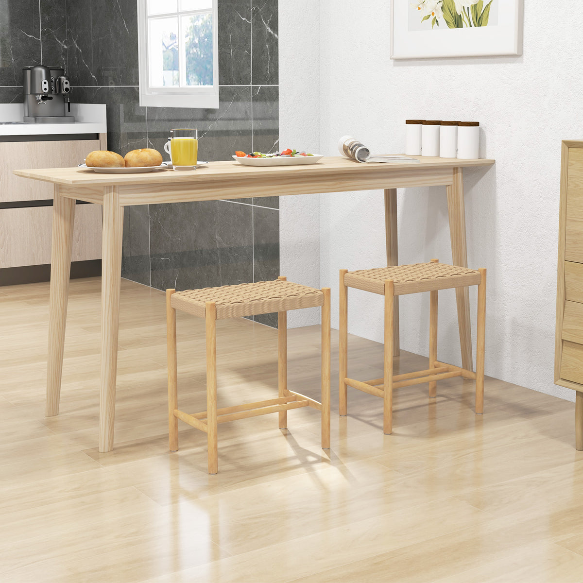 Dining Stool Set of 2 with Rubber Wood Frame and Woven Paper Seat-56 x 36 x 45cm