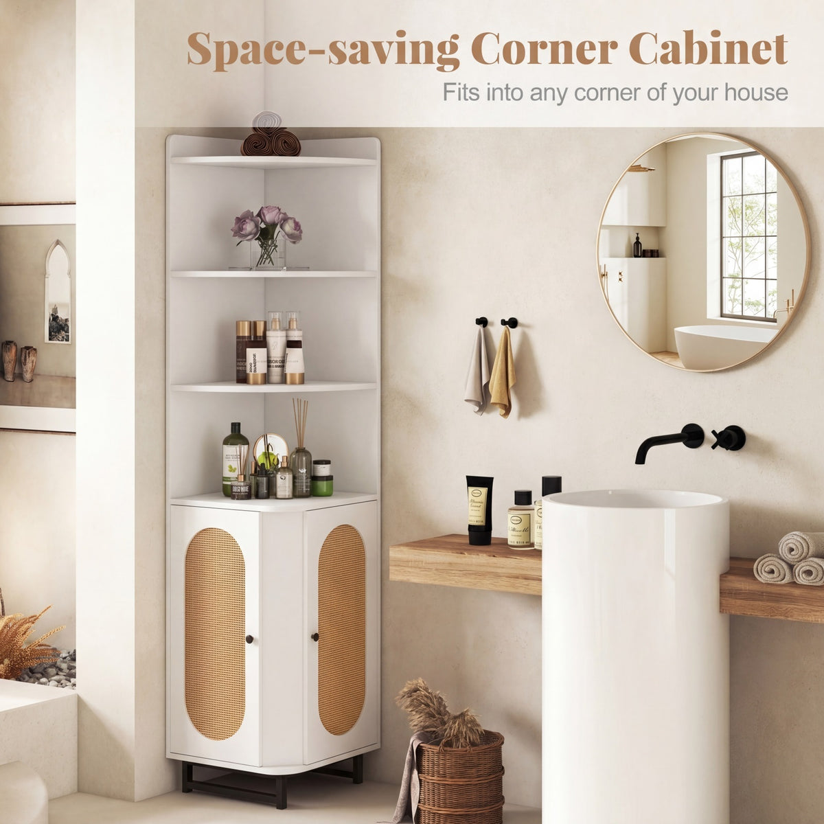 172 cm Tall PE Rattan Corner Cabinet with 2 Doors and 4 Open Shelves-White