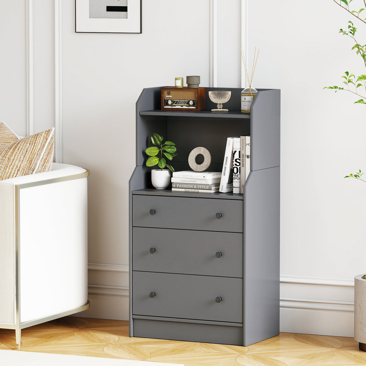 Modern Chest of Drawers Dresser with Shelves-Grey
