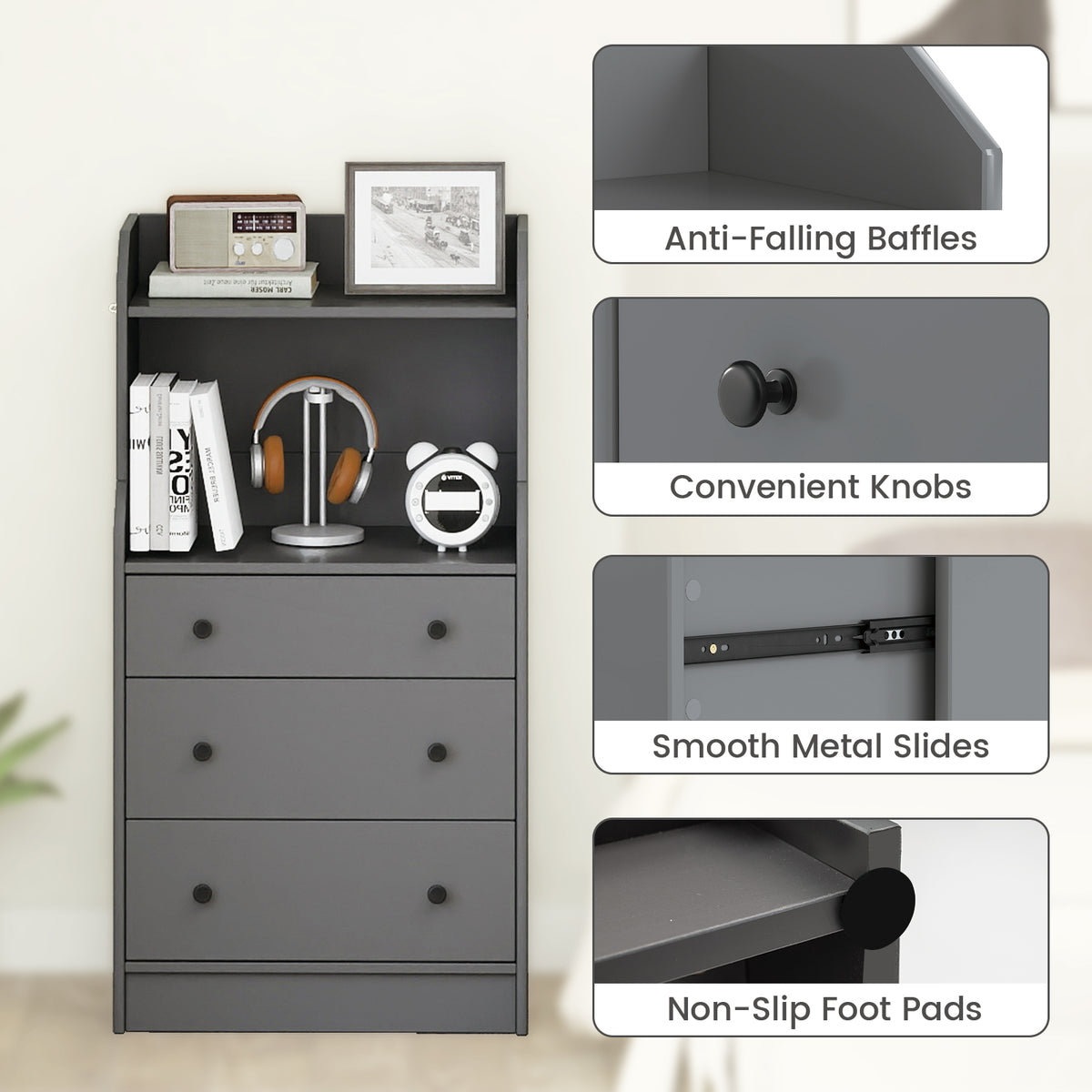Modern Chest of Drawers Dresser with Shelves-Grey
