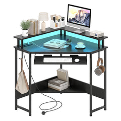 Computer Corner Desk with LED Charging Station and Monitor Stand-Black