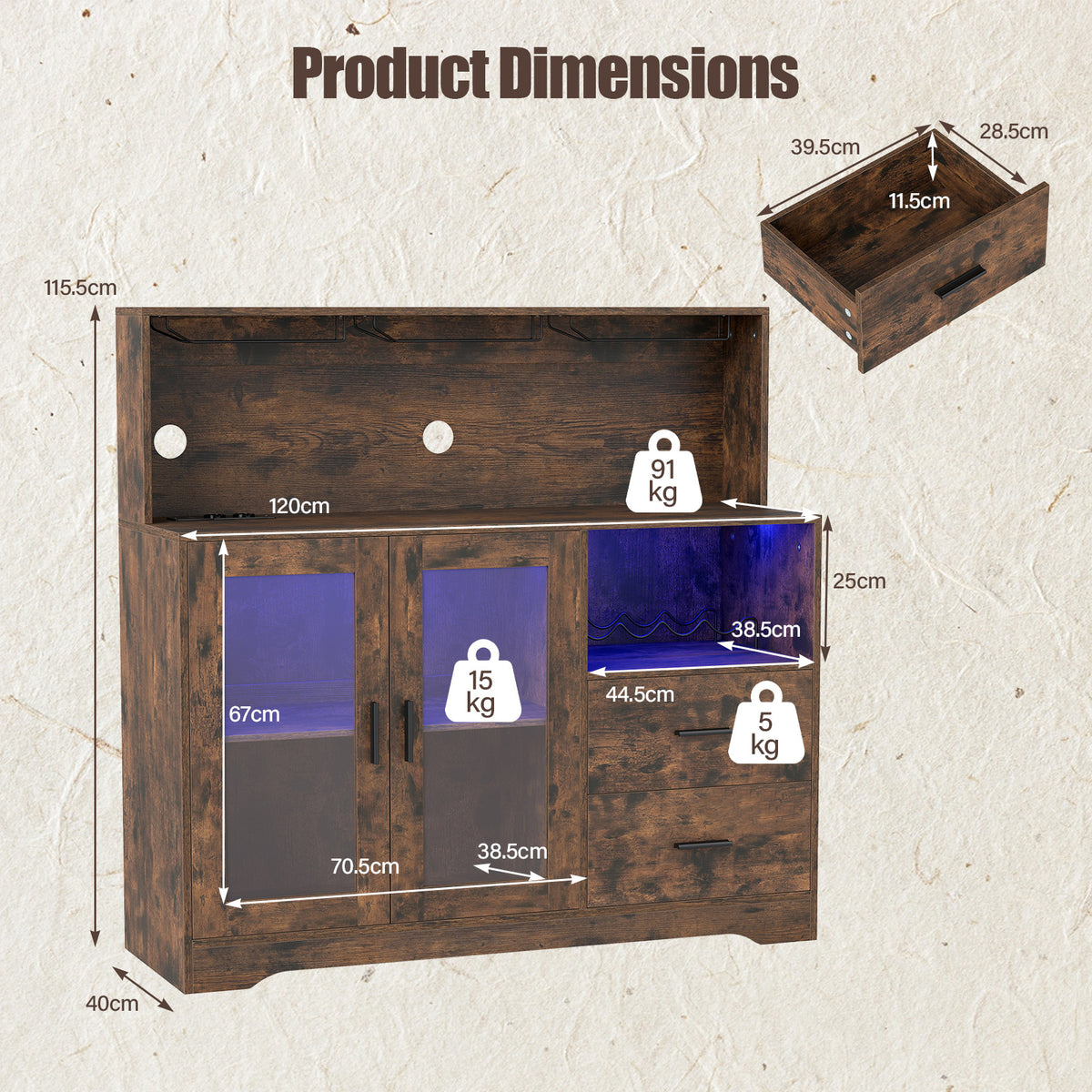 2-Door Wine Bar Cabinet with LED Lights and Charging Station for Kitchen-Rustic Brown
