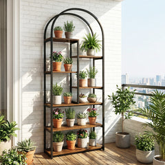 Bookshelf Industrial Arched Bookcase with 7 Open Shelves-Rustic Brown