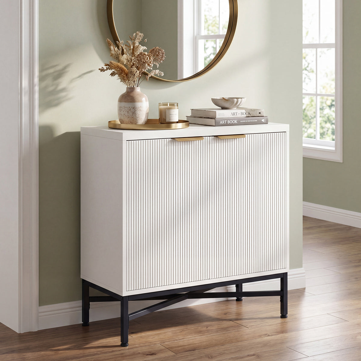 Fluted Sideboard Buffet Cabinet with 2 Doors and Adjustable Shelf-White