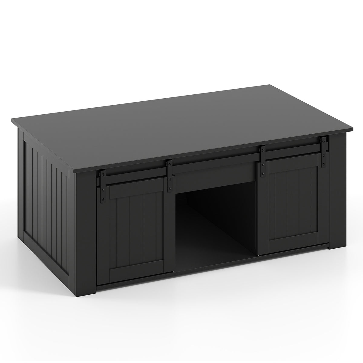 120 cm Lift Top Coffee Table with Barn Sliding Doors and Cabinets for Living Room-Blck