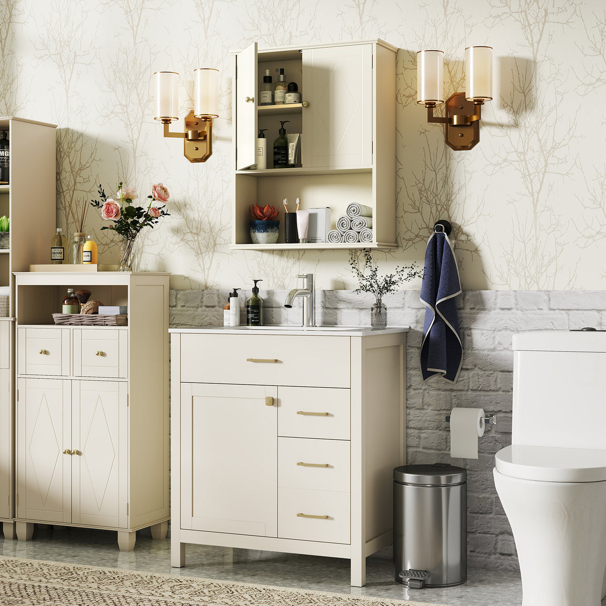 Bathroom Wall Cabinet with Open Shelf and Adjustable Shelf-Beige