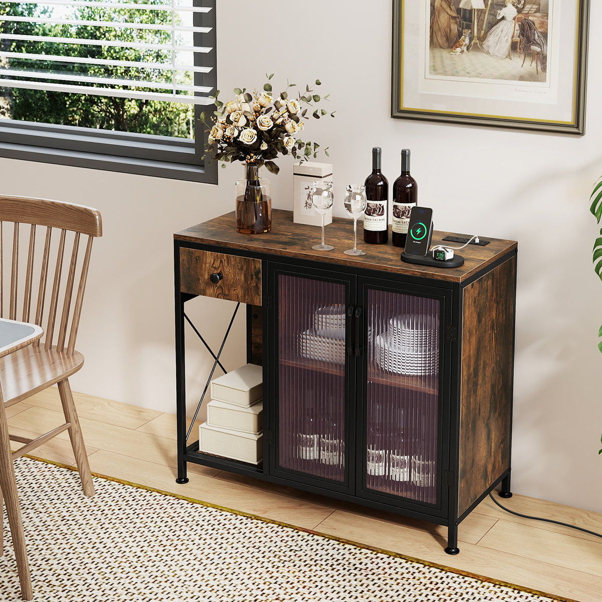 Buffet Sideboard with Power Outlets and LED Light Kitchen Storage Cabinet-Rustic Brown