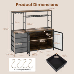 Coffee Bar Cabinet with LED Lights Charging Station-Rustic Brown