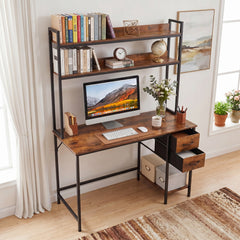 Computer Desk with Hutch Reversible Executive Desk with Fabric Drawers and Metal Frame-Rustic Brown