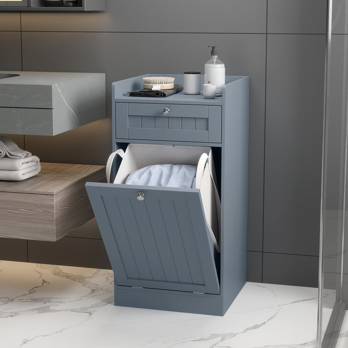 Bathroom Storage Cabinet with Drawer and Removable Hamper-Grey