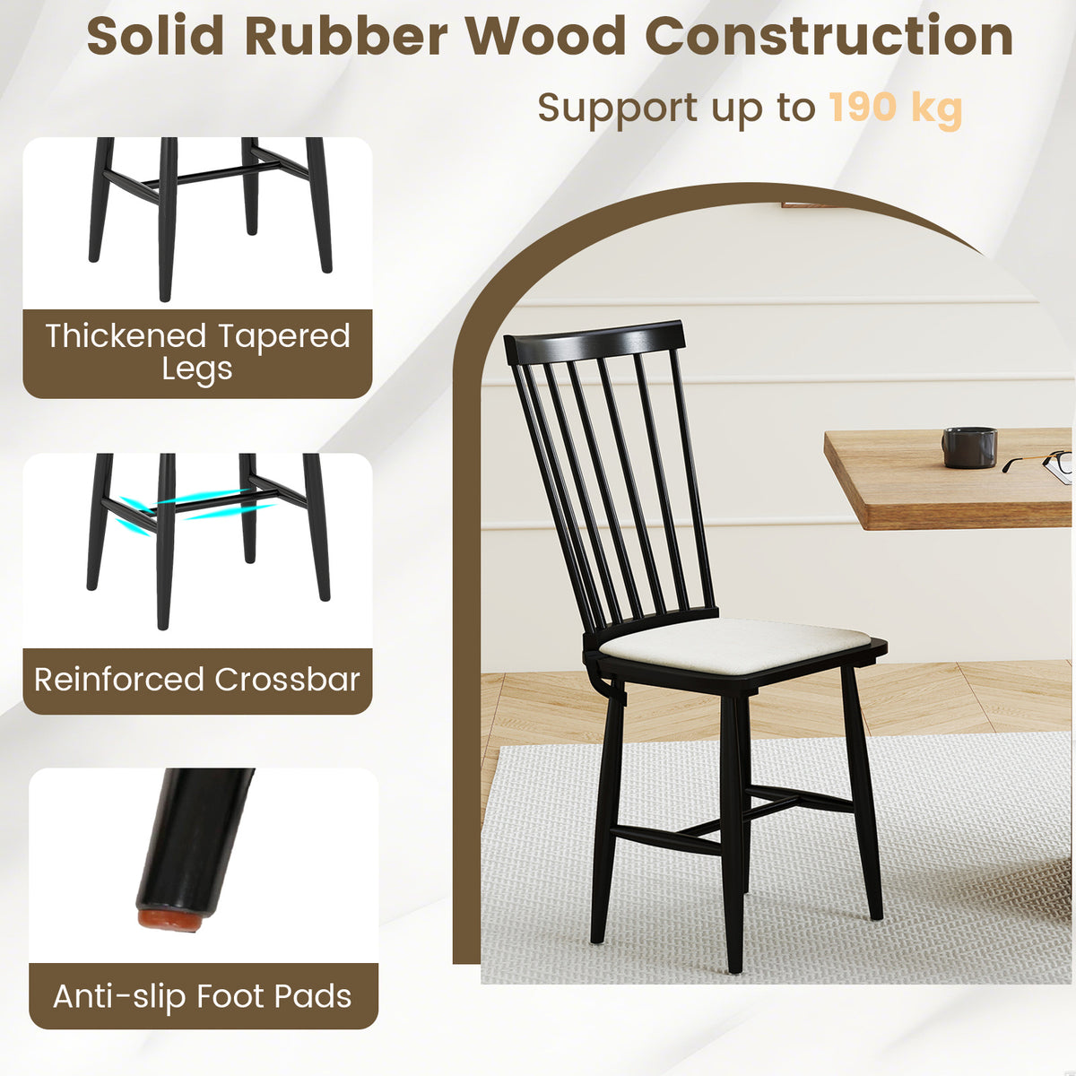 Windsor Dining Chair Set of 2 with Spindle Back for Kitchen and Restaurant-Black