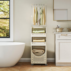 2-in-1 3/4-Tier Laundry Cart with Hanging Bar and Lockable Wheels-4-Tier-Beige