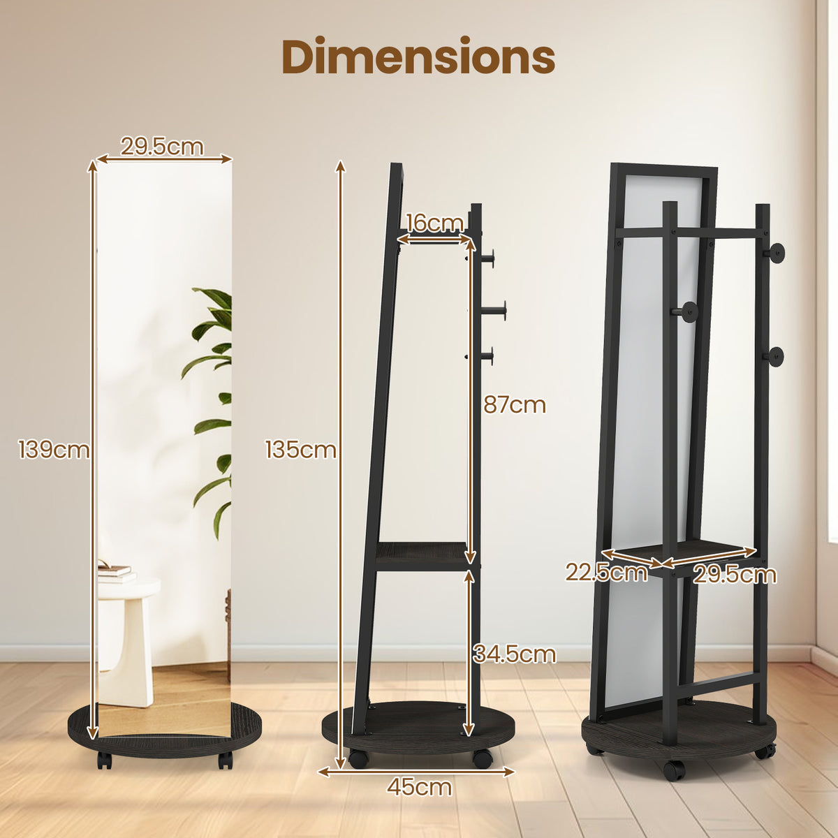 Coat Rack with Full Length Mirror Freestanding Coat Tree with 3 Hooks-Black