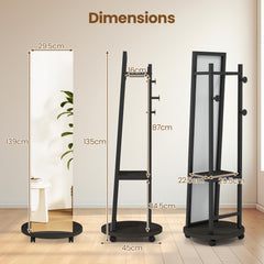 Coat Rack with Full Length Mirror Freestanding Coat Tree with 3 Hooks-Black