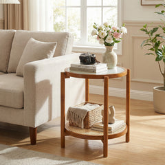 2-Tier Boho End Table with Tempered Glass Top for Living Room-Walnut
