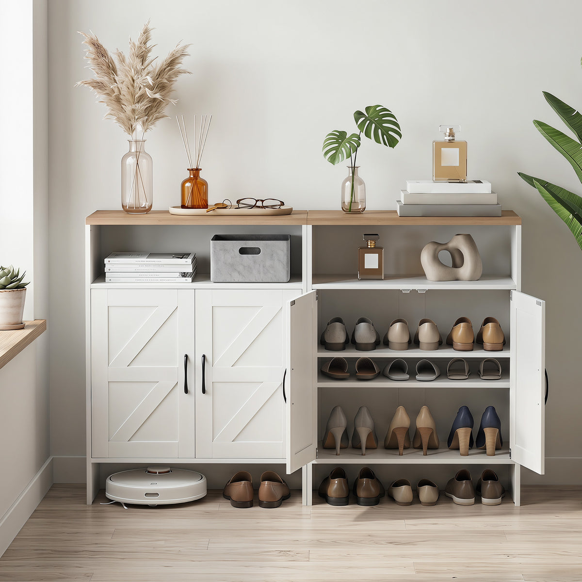 Shoe Cabinet with 2 Barn Doors and Adjustable Shelves for Entryway-White
