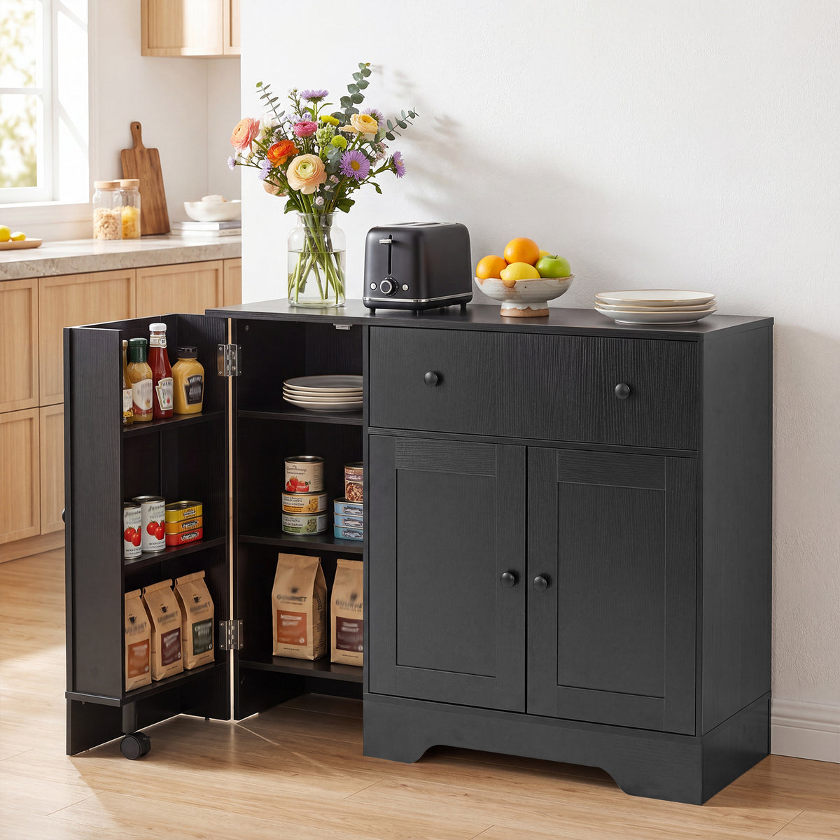 Buffet Cabinet with Storage with 3 Doors Drawers and Shelves-Black