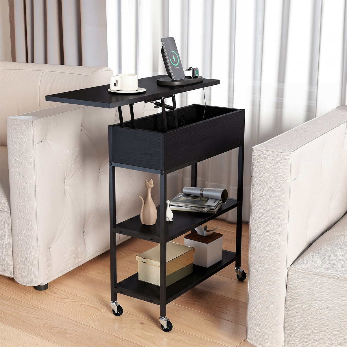 Rolling Lift Top End Table with Charging Station & Hidden Compartment for Living Room-Black