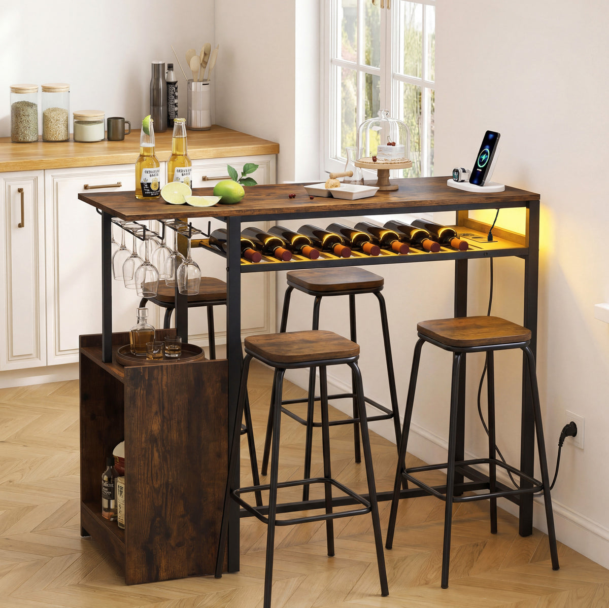 Rectangular Bar Table with RGB Light and 8-Bottle Wine Rack-Rustic Brown