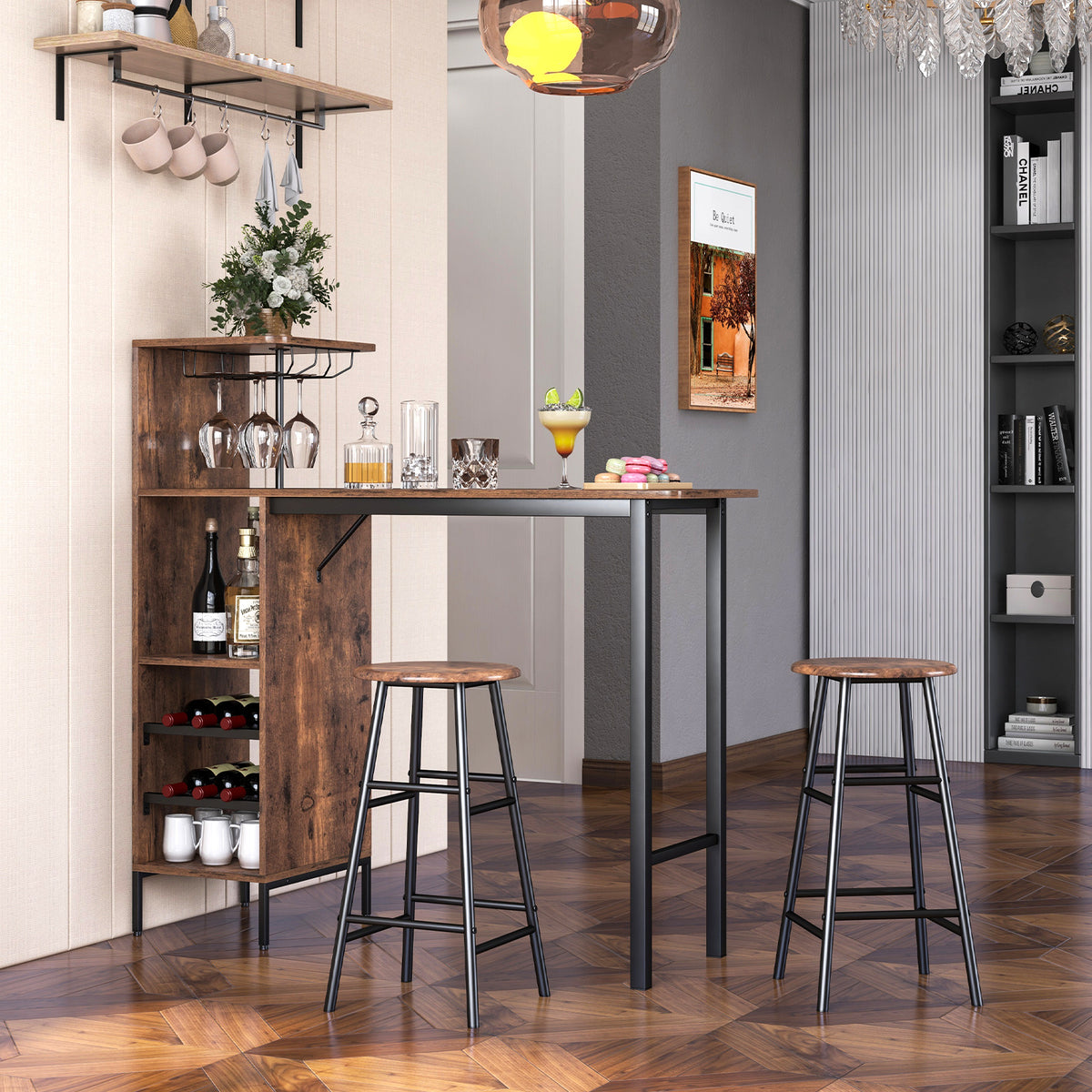 3-Piece Bar Table and Chair Set with Wine Glass Holders and 6-Bottle Wine Racks-Brown