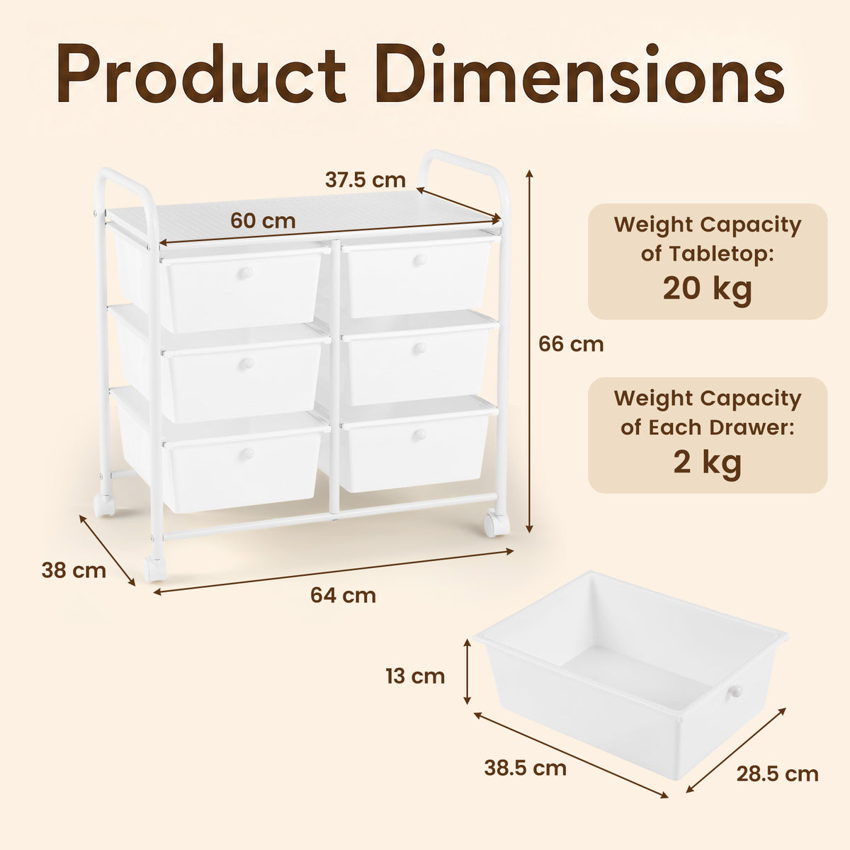 6-Drawer Rolling Storage Cart with 4 Universal Wheels and Metal Frame Spacious Tabletop-White