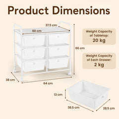6-Drawer Rolling Storage Cart with 4 Universal Wheels and Metal Frame Spacious Tabletop-White