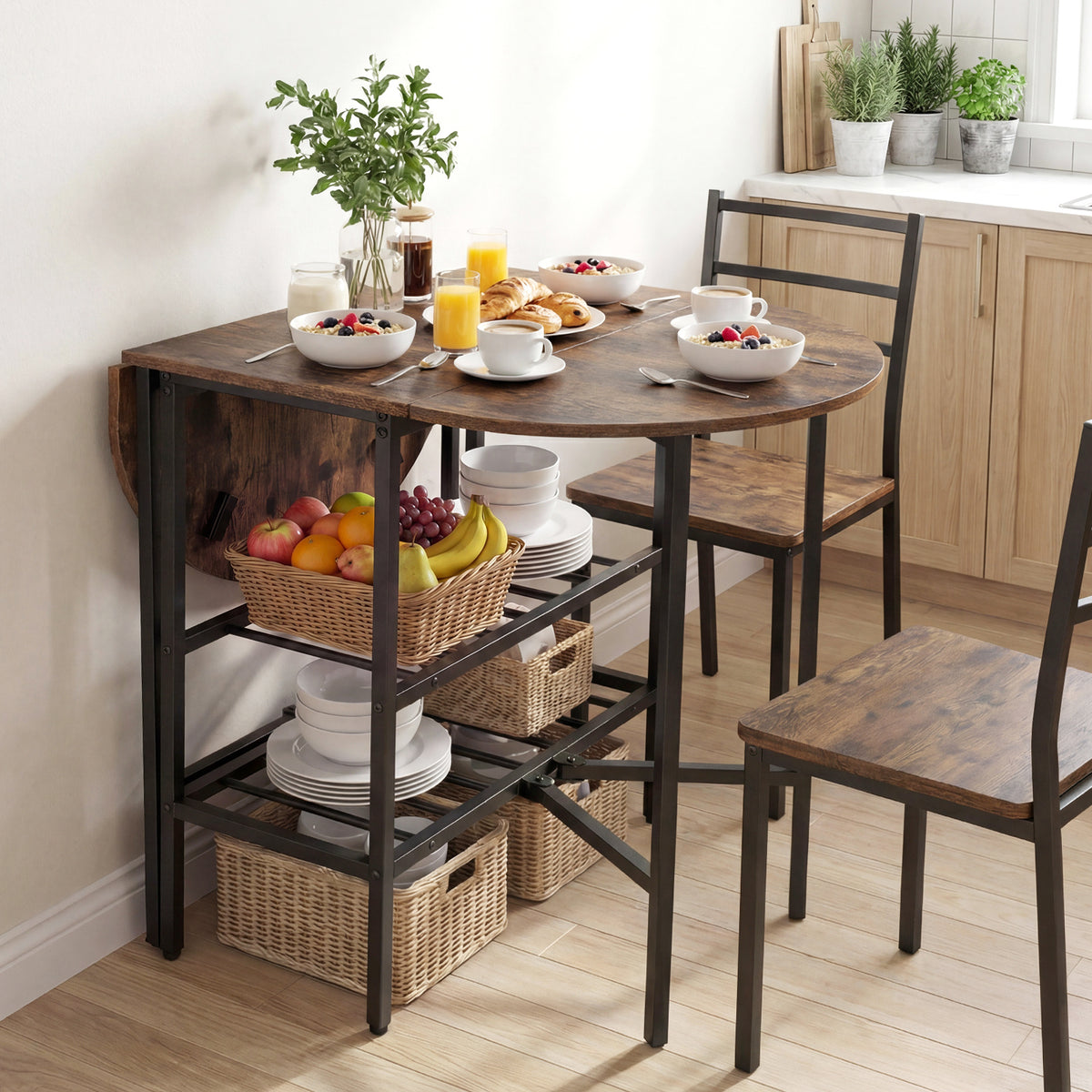 Oval dining table with 2 folding side panels and a metal frame for 4 people-Rustic Brown