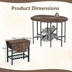 Oval dining table with 2 folding side panels and a metal frame for 4 people-Rustic Brown